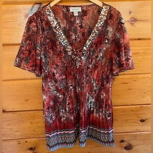 Dressbarn Plus V Neck Sequins 14/16 SS Blouse Rust Floral Geometric Band